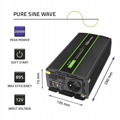 Qoltec Przetwornica napięcia Monolith 1000W 2000W 12V/230V Czysty Sinus