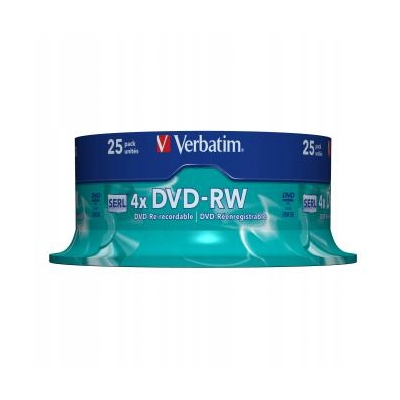 Verbatim DVD-RW 4.7GB, 4x, spindle, 25-pack, bez możliwości nadruku, 12cm