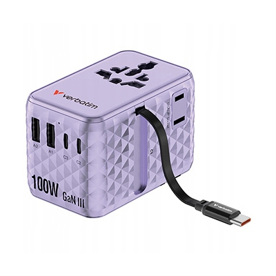 Verbatim Adapter podróżny ChargeNTravel USB-C USB-A fioletowy 100 W 30193