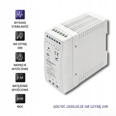 Qoltec Zasilacz na szynę DIN 60W 24V 2.5A Biały Slim