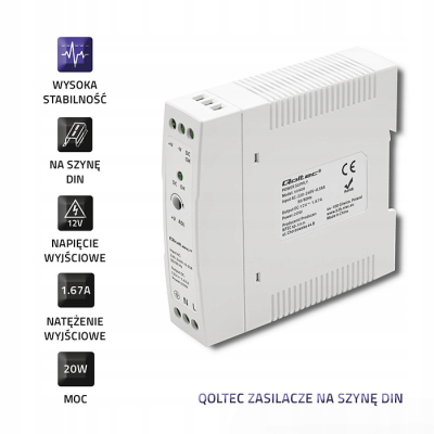 Qoltec Zasilacz na szynę DIN 20W 12V 1.67A Biały Slim
