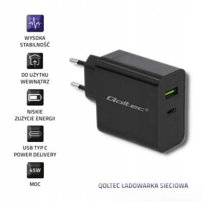 Qoltec Ładowarka sieciowa 45W 5-20V 2.25-3A USB typ C PD USB 3.0 Czarna