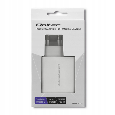 Qoltec Ładowarka sieciowa 63W 5-20V 1.5-3A USB typ C PD USB QC 3.0 Biała