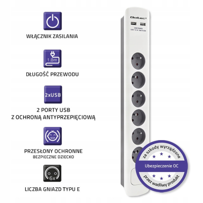 Qoltec Listwa antyprzepięciowa 6 gniazd 2 x USB 1.8m Biało-szara