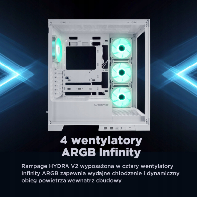 Rampage Hydra V2 Obudowa PC akwarium 4x wentylator ARGB biała