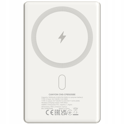 CANYON Powerbank OnPower 505 slim Magsafe 5000 mAh PD20W Beżowy