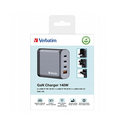 Verbatim Ładowarka GaN USB 3.0 USB C szara, 140 W, wymienne końcówki C,G,A