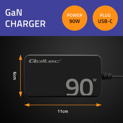 Qoltec Ładowarka sieciowa 90W GaN Super Fast SLIM PD 5-20V 4.5A USB-C 3.1