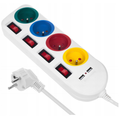 Listwa zasilająca Maclean, przedłużacz 4 gniazda + 2xUSB, z włącznikami, 250VAC/10A, 2.1A 5V, 1.5m, biała, MCE229 W