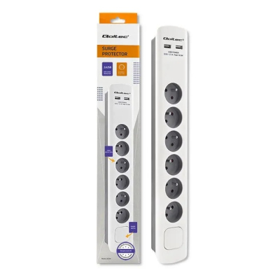 Qoltec Listwa antyprzepięciowa 6 gniazd 2 x USB 1.8m Biało-szara