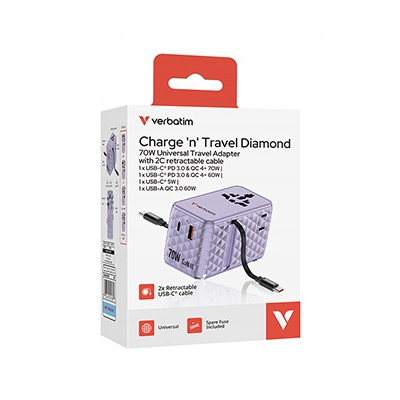 Verbatim, Adapter podróżny ChargeNTravel GaN III USB-C USB-A 70 W 30188