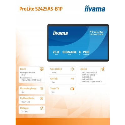 Monitor iiyama 23.8 cala ProLite S2425AS-B1 IPS A14 RJ45 iiSignage WI-FI