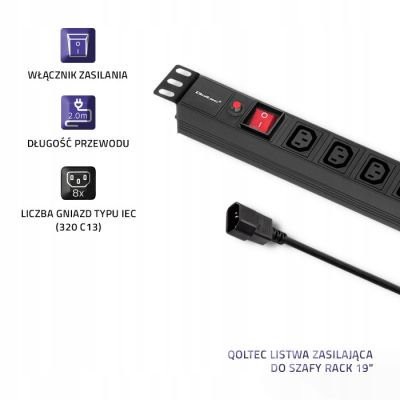 Qoltec Listwa zasilająca PDU antyprzeciąż. do RACK 19 1U 10A 8xIEC 2m