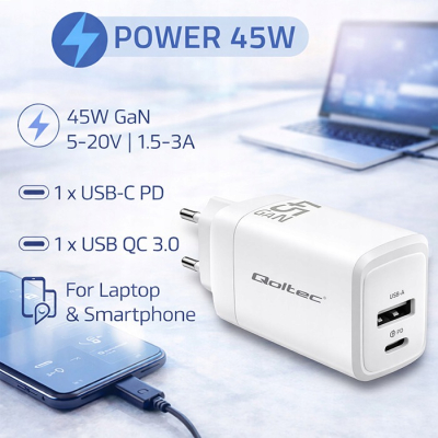 Qoltec Ładowarka sieciowa 45W GaN 5-20V 1.5-3A 1x USB-C PD 1 x USB QC 3.0