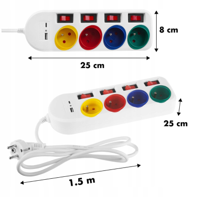 Maclean Listwa zasilająca przedłużacz 4 gniazda + USB A / C biała MCE508 W