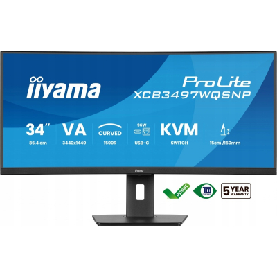 IIYAMA Monitor 34 cali XCB3497WQSNP-B1 VA UWQHD 1500R KVM 95W HDMI DP RJ45