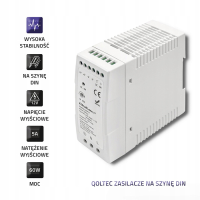 Qoltec Zasilacz na szynę DIN 60W 12V 5A Biały Slim