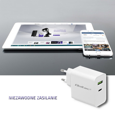 Qoltec Ładowarka sieciowa 45W 5-20V 2.4-3A USB typ C PD USB 3.0 Biała