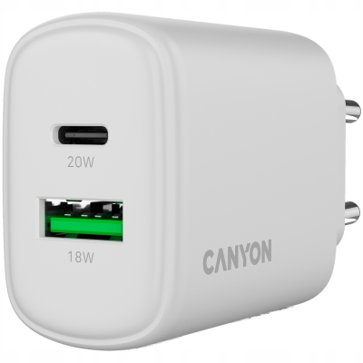Canyon OnCharge 200 ładowarka sieciowa USB C PD 20W + USB A QC (biała)