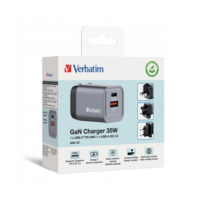 Verbatim Ładowarka GaN USB 3.0 USB C szara, 35 W, wymienne końcówki C,G,A