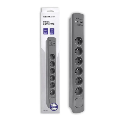 Qoltec Listwa antyprzepięciowa 6 gniazd 2 x USB 1.8m Szara