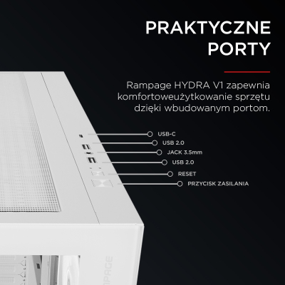 Rampage Hydra V1 Obudowa PC 4x wentylator USB C/USB A ARGB + hub, biała