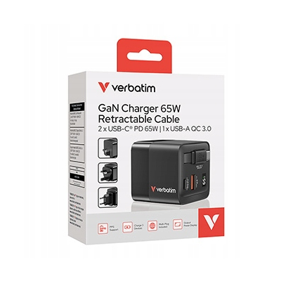 Verbatim Ładowarka GaN USB 3.0 USB C szara 65 W wymienne wtyczki C, G, A