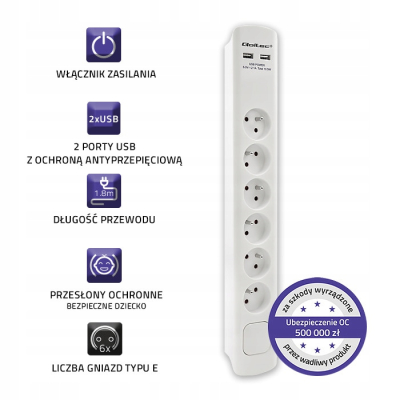 Qoltec Listwa antyprzepięciowa 6 gniazd 2 x USB 1.8m Biała