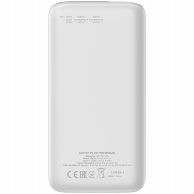 CANYON Powerbank PB301 LED 30000 mAh PD 20W QC 3.0 Biały