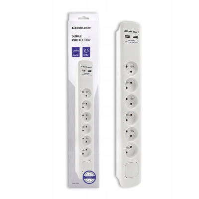 Qoltec Listwa antyprzepięciowa 6 gniazd 2 x USB 1.8m Biała