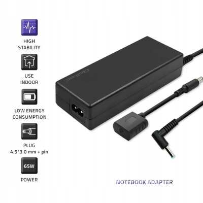Qoltec Zasilacz do HP 65W 19.5V 3.33A 4.5*3.0+pin adapter +kabel zasilający