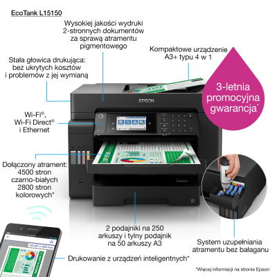 Urządzenie wielofunkcyjne 4w1 EPSON ECOTANK L15150 C11CH72402 A3+ WiFi DUPLEX SKLEP KOZIENICE RADOM