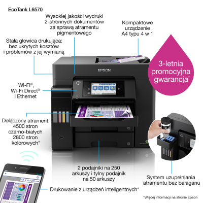 Urządzenie wielofunkcyjne 4w1 EPSON ECOTANK L6570 C11CJ29402 A4 WiFi DUPLEX SKLEP KOZIENICE RADOM