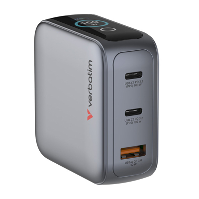 Verbatim, Mini ładowarka GaN z wyświetlaczem TFT 2 x USB-C / 1 x USB-A 100W