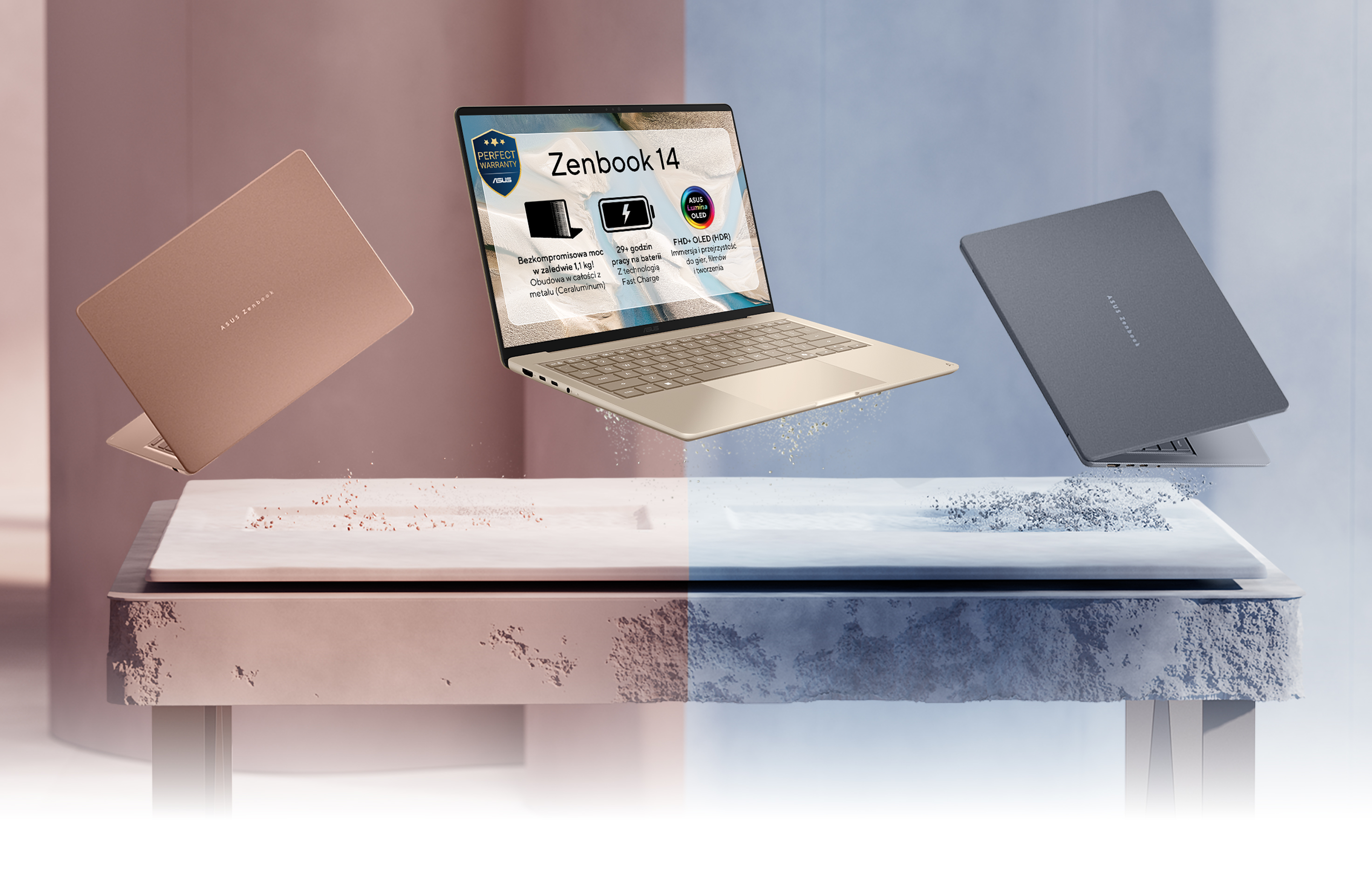 Dwa laptopy unoszące się nad blatem
