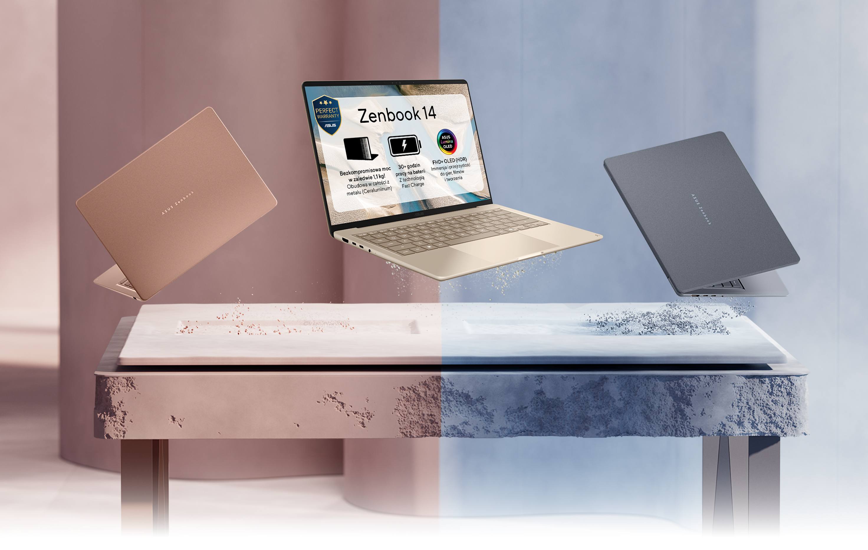 Dwa laptopy unoszące się nad blatem