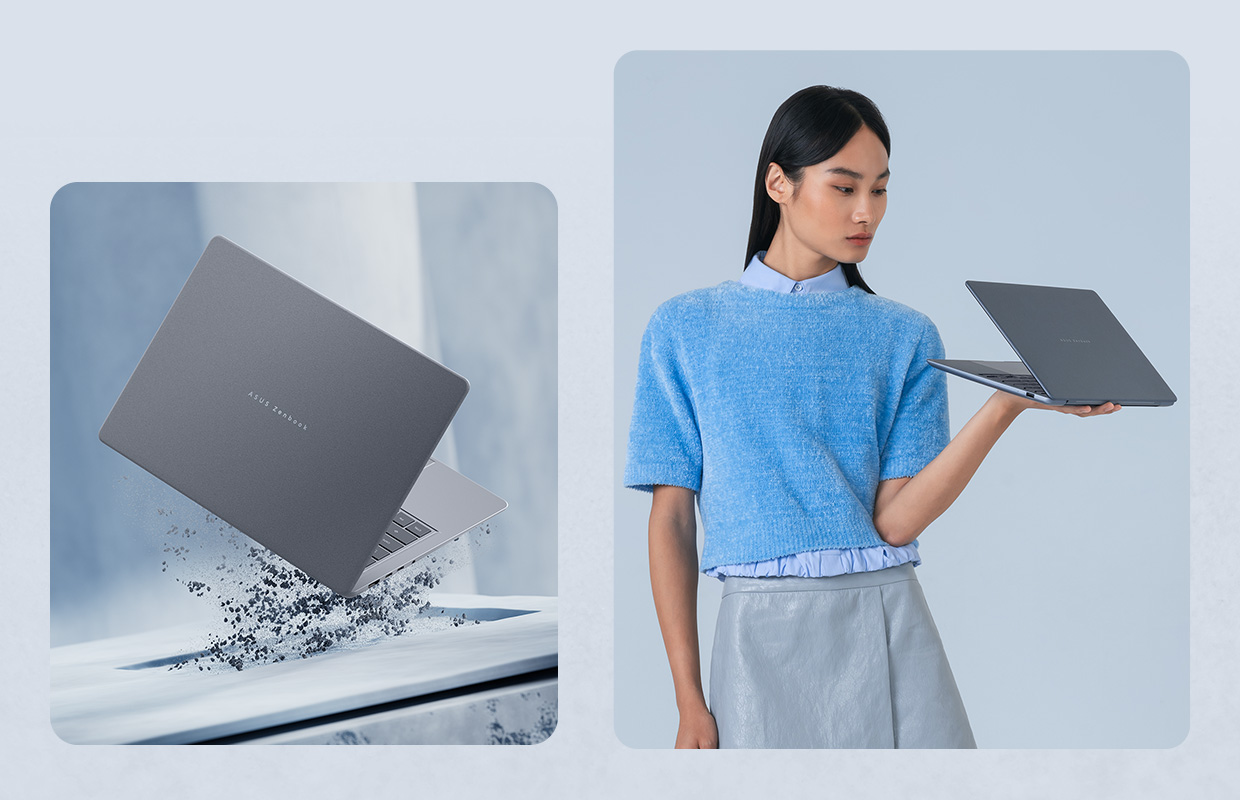 zdjęcie laptopa Asus oraz zdjęcie kobiety trzynającej laptop