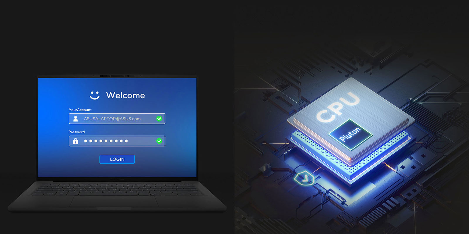 Ekran logowania systemu, oraz wizualizacja procesora z logiem Pluton